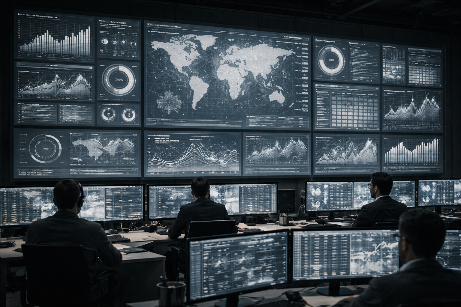 Desaturated data visualization wall inside enterprise control room